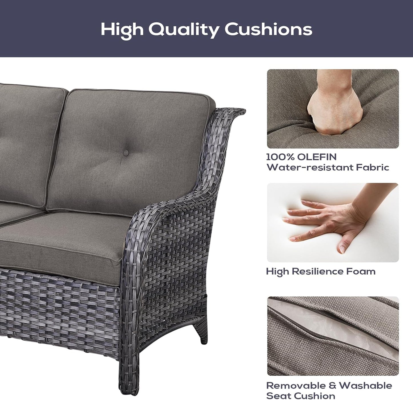 Outdoor Sectional Sofa Furniture Set with Propane Fire Pit Table, Wicker Patio Conversation Set with 2 Swivel Glider Rocker Chairs Grey Cushion Perfect for Backyard Casual Gathering