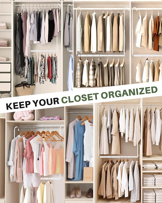 Hanging Closet Rod, 2 Pack Adjustable Height & Width Closet Rods for Hanging Clothes-Closet Extender Hanging Rod Space-Maximizing Design Suitable for Hanging and Drying Clothes, White