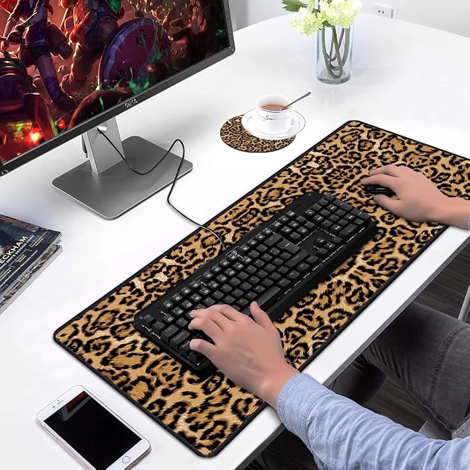 Desk Pad Mat Gaming Mouse Pads with Coasters Set, Stitched Edges Design Mouse Pad XXL Large Mouse Pad for Laptop Computers Leopard Print Desk Writing Mat for Office & Home 31.5"x 11.8"