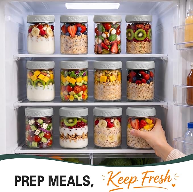 6 Pack Mason jars, 16 oz Overnight oats Containers with Lids, Parfait Cups with Lids for Yogurt, Oatmeal, Glass Jar with Lid for Storage, Food, Pudding, Sugar, Salad, Snack, Kitchen, Jam(Gray)