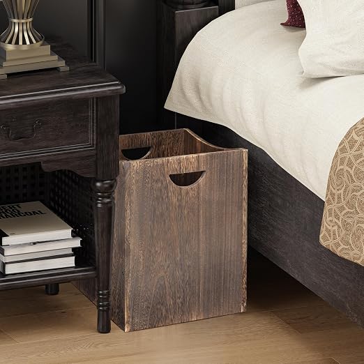 Large Wooden Trash Can 9 Gal Curved Design Office Waste Basket, Square Farmhouse Garbage Can, Brown Vintage Wood Trash Can Storage Basket With Handles for Bedroom Office Living Room Decorative