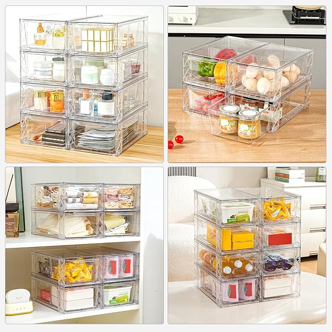 Clemate 8Pack Stackable Kitchen Storage Organizer,Pantry Organizers and Storage,Foods Organizer Bins with Handles, Easily Assemble for Bathroom, Kitchen, Refrigerator, Pantry, Cabinet, Closet