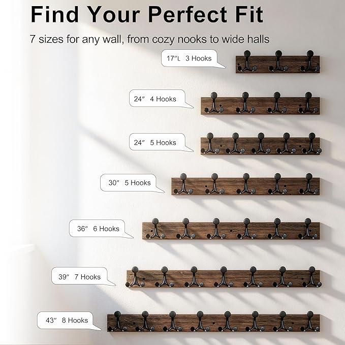 SKOLOO 36-Inch Wood Burnt Coat Rack Wall Mount with 6 Triple Hooks - Ideal for Family Entrances, Classrooms, and Pet Supplies Storage - Perfect Coat Hooks for Wall, Pack of 2
