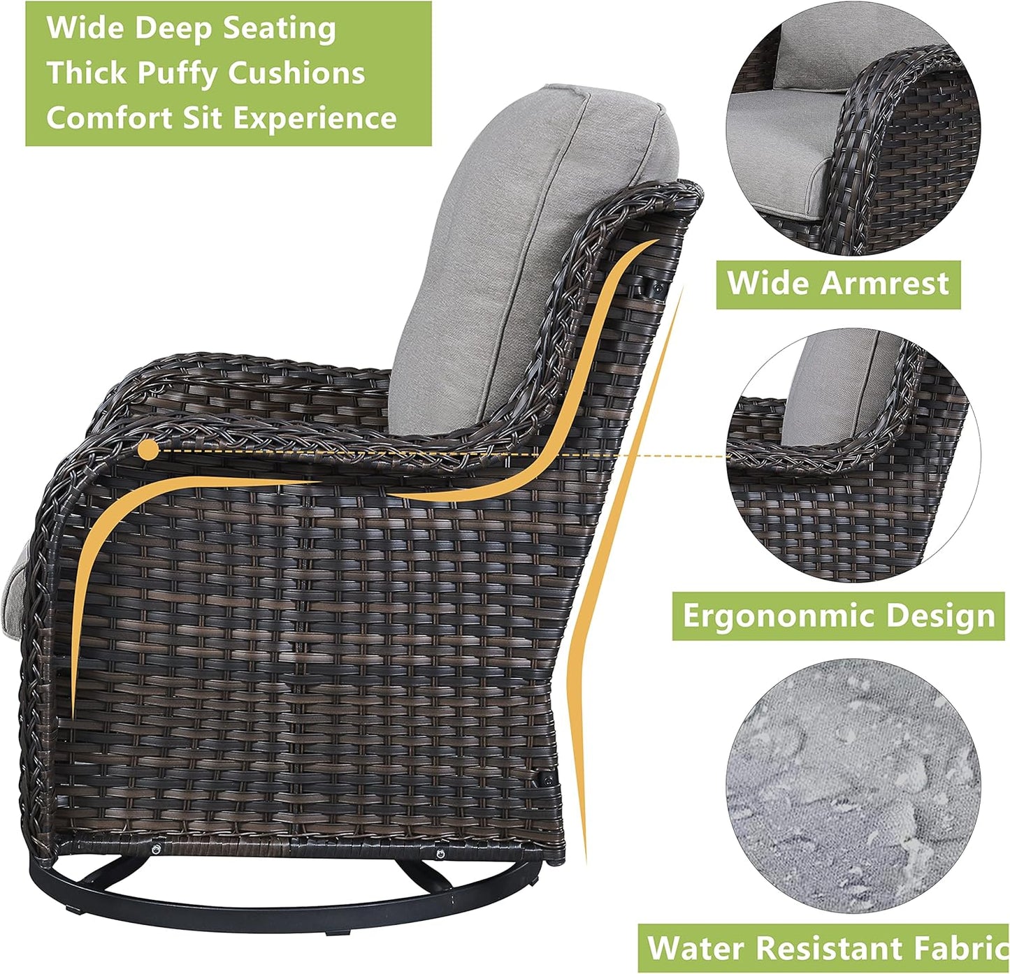 Outdoor Wicker Patio Furniture Set - 5 Pieces Rattan Patio Conversation Set with 2 Rocking Swivel Chairs,2 Ottomans and 1 Side Table for Porch Deck Backyard Garden(Brown/Grey)