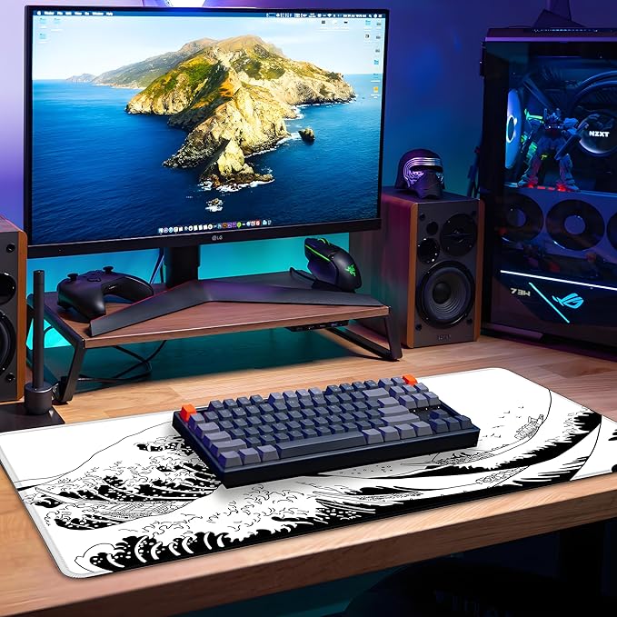 Gaming Mouse Pad for Desk,Large Mousepad Laptop,Black White Japanese Wave Anime Mouse Mat,Long XXL Waterproof Keyboard Pads,Big Non-Slip Computer Mousepads for Game Office Home(31.5 x 11.9 in)