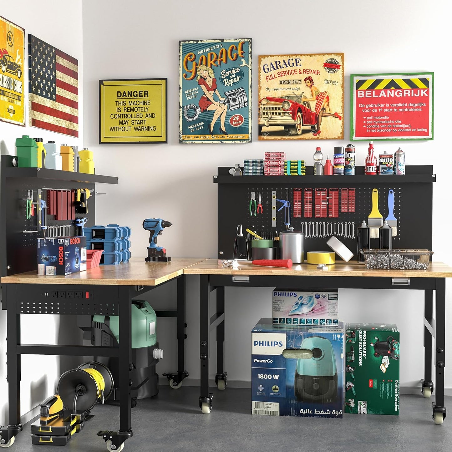 48" Heavy Duty Adjustable Workbench with Large Pegboard, Adjustable Work Table with Power Outlets & Lockable Wheels, Rubber Wood Workstation for Garage, Workshop, Office, Home, Commercial