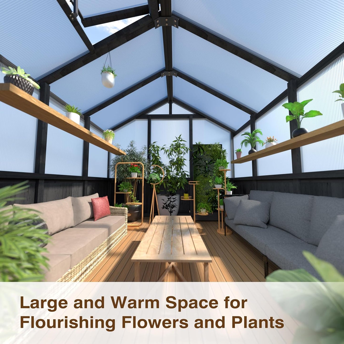 6x10 FT Greenhouse Kit for Outdoor, Thickened Polycarbonate Panel Wooden Walk-in Green House with Lockable Door and Adjustable Roof Vent, Backyard Garden, Black