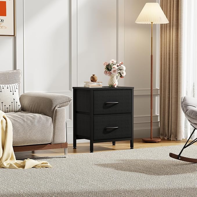 Sweetcrispy Nightstand Set of 2 with 2 Storage Drawers, 20" Height Small Bed Side Furniture End Table, Wooden Top Fabric Cabinet Kids Mini Dresser for Bedroom, Closet, Entryway, College Dorm, Black