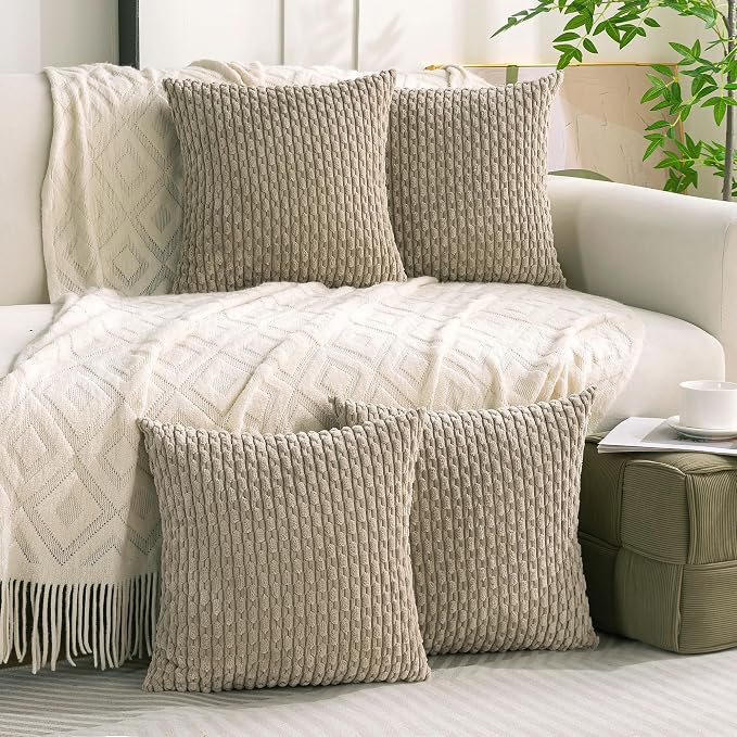 Set of 4 Taupe Decorative Throw Pillow Covers 18x18 Inch Corduroy Pillow Covers for Bed Couch Sofa Living Room Soft Square Cushion Cases