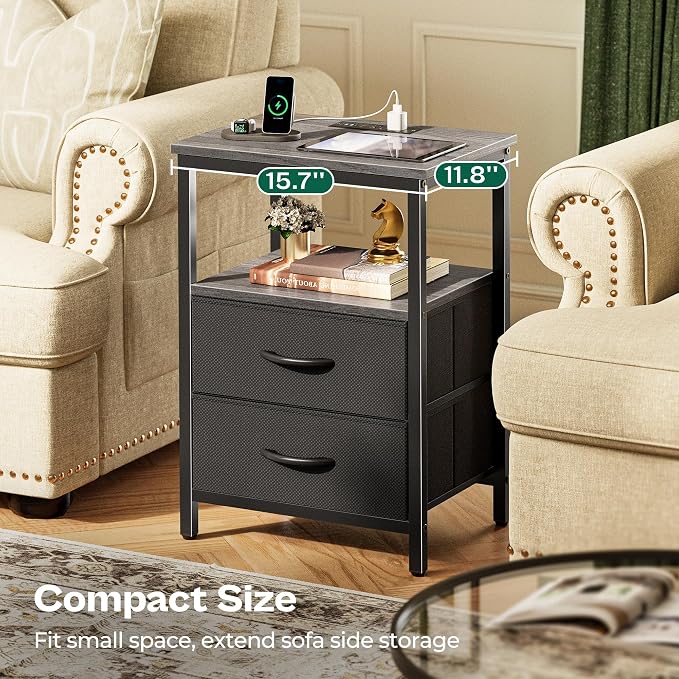 Huuger Night Stand with Charger Station and LED Lights, 2 Drawer Nightstand, Bed Side Table with Open Shelf, End Table, Fabric Dresser for Bedroom, Grey