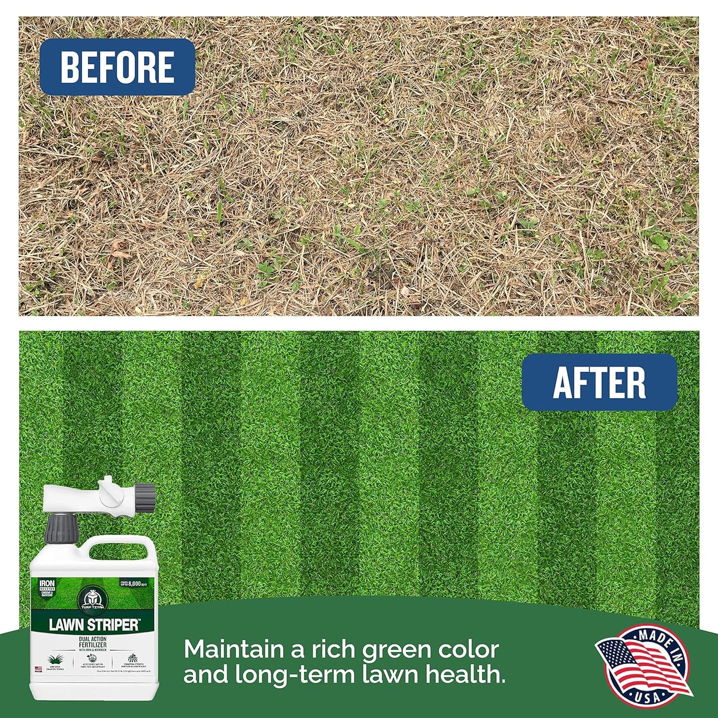 Turf Titan Lawn Striper Hose End – Iron & Nitrogen Fertilizer to Promote Dark-Green, Stripe-Defined Turfs – Kids & Pet Safe, Natural Lawn Fertilizer – Covers up to 8,000 Sq Ft