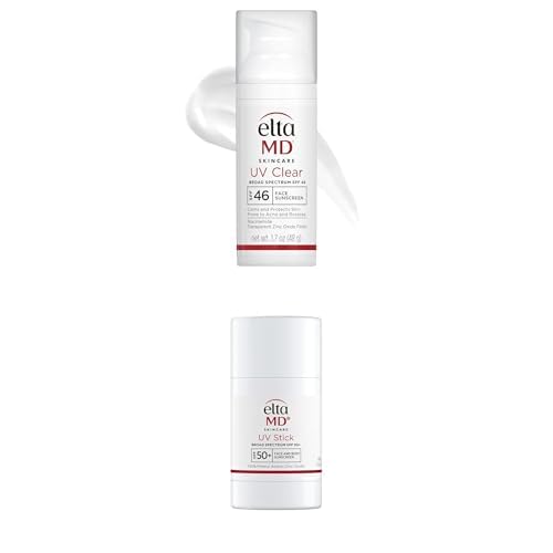 Bundle of EltaMD UV Clear SPF 46 Face Sunscreen 1.7oz Oil-free, Acne-Prone Skin) + EltaMD UV Stick SPF 50+ 1.3oz Mineral Sunscreen for Face/Body, Kids & Adults, Sensitive Skin)