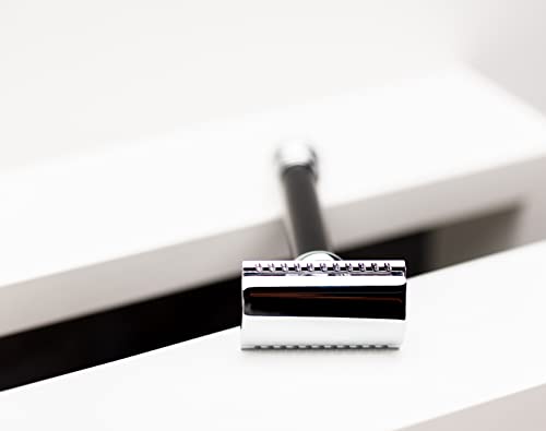 MERKUR 38B Double Edge Safety Razor - Black Handle | Extra Large Barber Pole Grip Brass Handle | Made in Germany | Plastic-Free | Two Piece Design | Closed Comb | Straight Bar