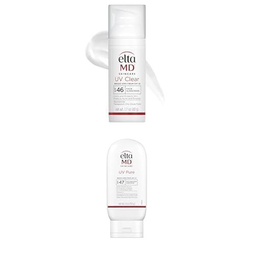Bundle of EltaMD UV Clear SPF 46 Face Sunscreen 1.7oz + UV Pure SPF 47 Face & Body Sunscreen 4oz, Oil-Free, Zinc Oxide, Dermatologist Recommended, For Sensitive/Acne-Prone Skin, Water-Resistant.