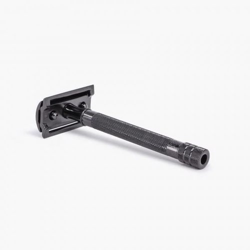 MERKUR 23B Double Edge Safety Razor - Black Long Knurled Brass Handle Made in Germany Plastic-Free Three Piece Design Closed Comb Straight Bar
