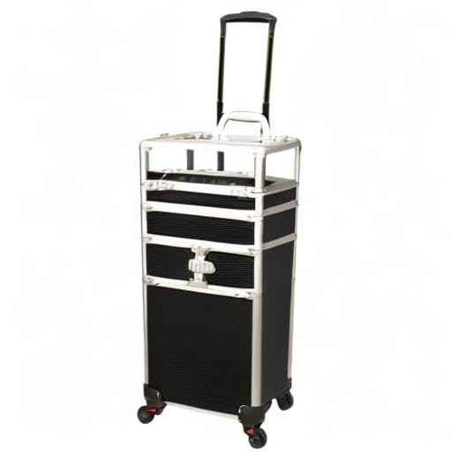 JC Beauty 7 in 1 Professional Interchangeable Rolling Makeup Nail Tech Train Case Travel Storage Clear Acrylic, Black Stripe