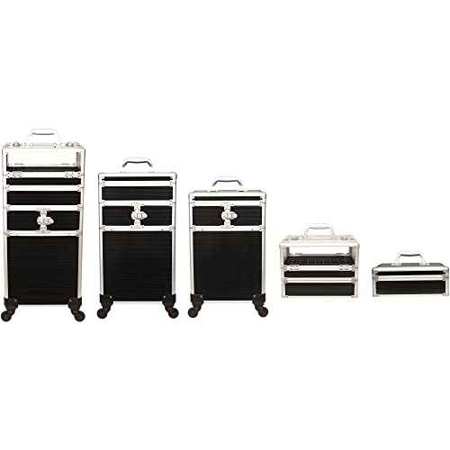 JC Beauty 7 in 1 Professional Interchangeable Rolling Makeup Nail Tech Train Case Travel Storage Clear Acrylic, Black Stripe