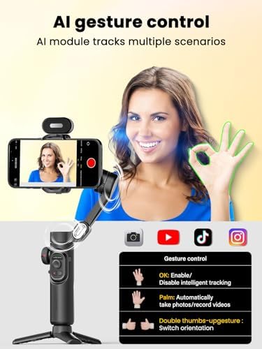 XE AI Version,Gimbal Stabilizer for Smartphone,NO APP AI Tracking, Gesture Control,360°Inception Gimbal, Magnetic RGB LED Light, Portable Hard Case for Camera, Smart XE AI& L20 &B30