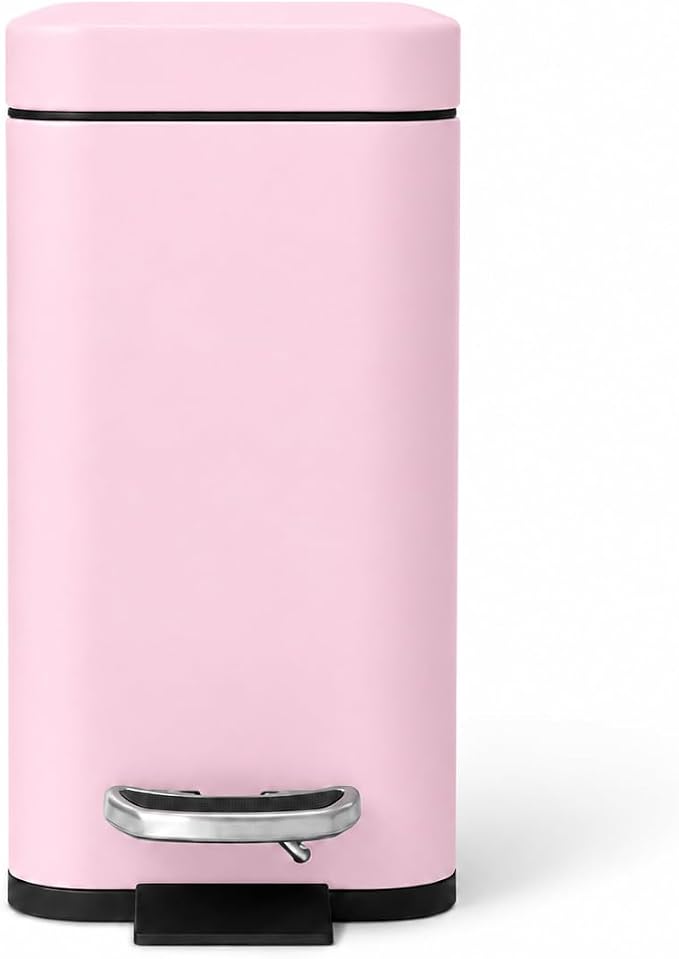Home Zone Living 1.3 Gallon Small Bathroom Trash Can with Lid and Step Pedal, Stainless Steel Wastebasket with Slim Design for Home and Office, Matte Pink, 5 Liters