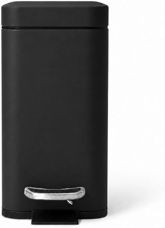 Home Zone Living 1.3 Gallon Small Bathroom Trash Can with Lid and Step Pedal, Stainless Steel Wastebasket with Slim Design for Home and Office, Matte Black, 5 Liters