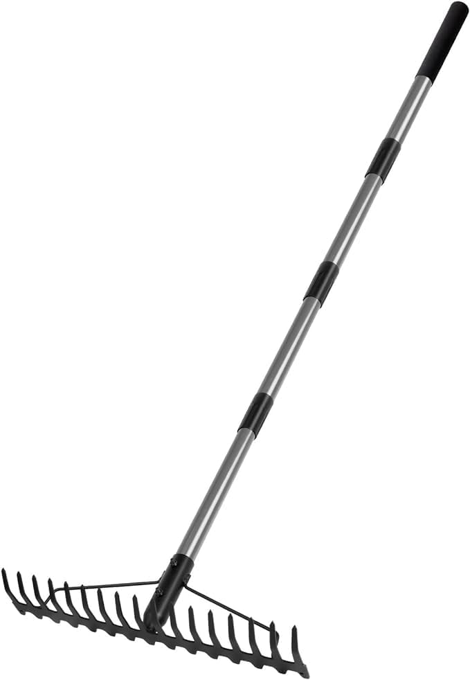 Heavy Duty Bow Rake with Stainless Steel Handle for Farming Land Management Leaf Gathering Durable Ergonomic Garden Tool with 16 Tine Head 63 Inch Assemble Long Shaft Suitable for Large Areas