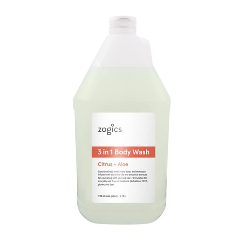 Zogics 3-in-1 Body Wash – Body Soap, Shampoo, and Hand Soap Liquid Refill All-in-One, Hydrating Plant-Based Formula, Refreshing Citrus + Aloe Scent (4 Gallons/Case)