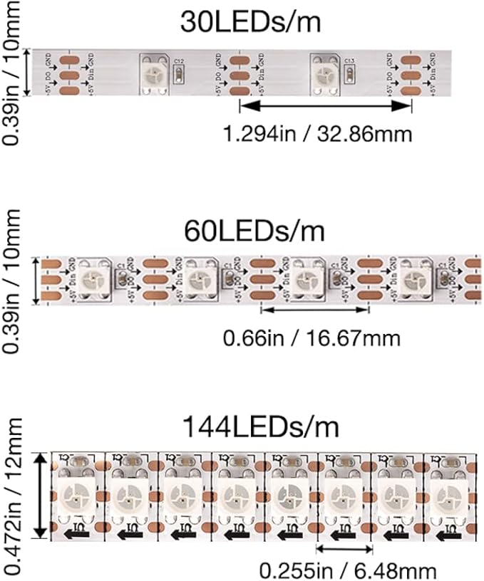 WS2812B LED Strip Individual Addressable Light SMD 5050 144Pixels RGB Pixel Strip DC5V (3.2FT 144LEDS Non-Waterproof, Black PCB)