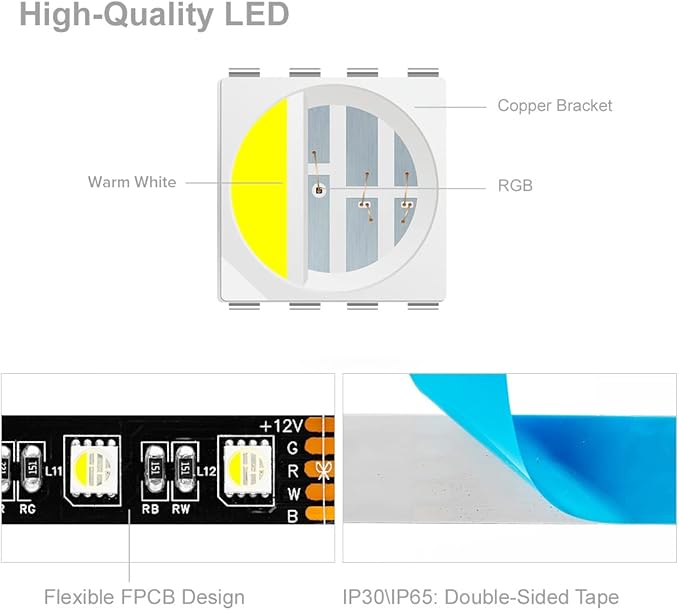 BTF-LIGHTING RGBW LED Strip Lights,UL Listed,5050 4 Colors in 1 RGB + 6000K-7000K Cool White,12V DC,16.4ft/5m 60LEDs/m 12mm Black PCB, IP30 for Home Decoration(No Adapter or Controller)