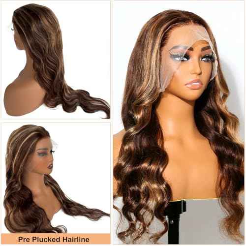 OiMiGO HD Transparent Lace Front Wig Human Hair 28Inch 13x4 Highlight Lace Frontal Wigs Human Hair Pre Plucked 180% Density 4/27 Honey Blonde Body Wave Wigs for Women