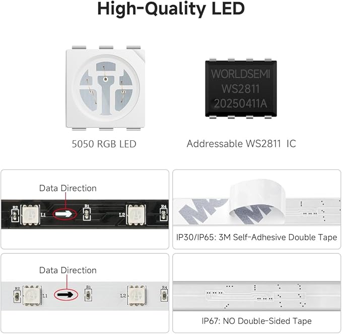 BTF-LIGHTING UL Listed WS2811 IC=RGB+IC Addressable Color RGB LED Strip,16.4FT 60LED/m 10Pixels/m,IP65 White PCB Flexible DC12V Chasing Effect for Indoor Home Decor,3M Tape(No Adapter or Controller)