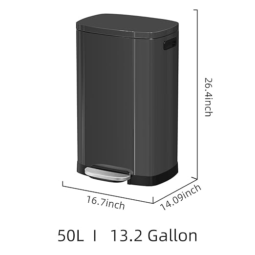 KdbK 13 Gallon Trash Can with Lid, 50L Fingerprint Proof Stainless Steel Kitchen Trash Can with Removable Inner Bucket and Lid Soft Close, Pedal Rubbish Bin for Home Office, Titanium Black