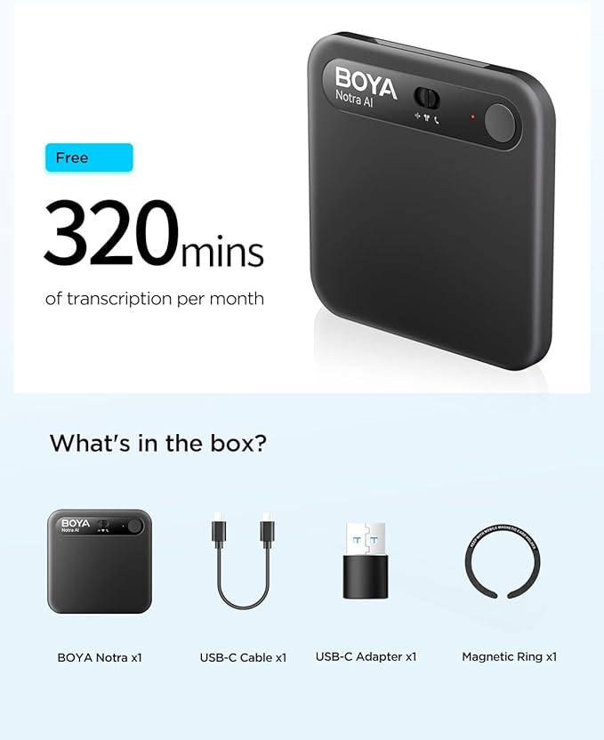BOYA Notra AI Voice Recorder,3-Mode Capture -Ambient/Phone Call/Bluetooth, AI Transcription&Smart Summary, Support 140+ Languages, 64GB Storage, Magnetic Note Taker for Meetings,Lectures,Interviews