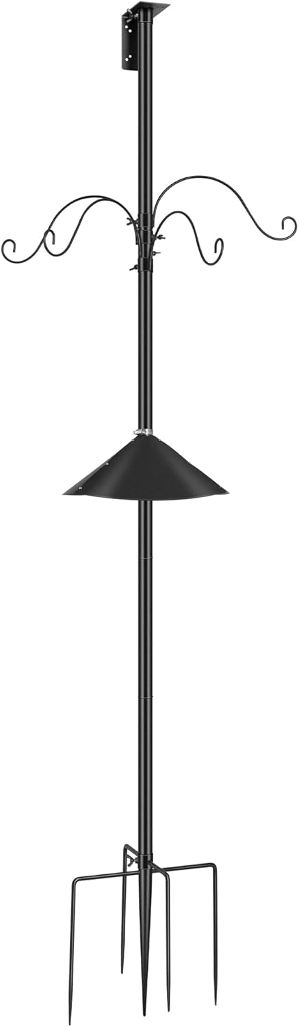 VIVOHOME 92 Inch Bird Feeder Pole with Squirrel Baffle and 4 Hooks, Outdoor Bird House Pole Mount Kit with 5 Prong, Heavy Duty Adjustable Bird Feeder Stand