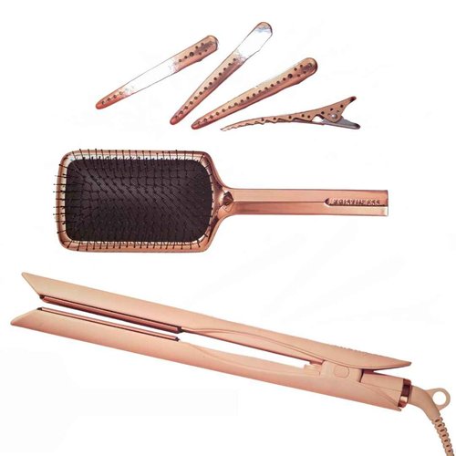 Kristin Ess Hair Styling Gift Set 3-in-1 Ceramic Flat Iron Bundle - 1.25inch Dual Voltage Ceramic Hair Straightener + Detangling Brush + Sectioning Clips - 4 Heat Settings 440 Degrees + Auto Shut Off