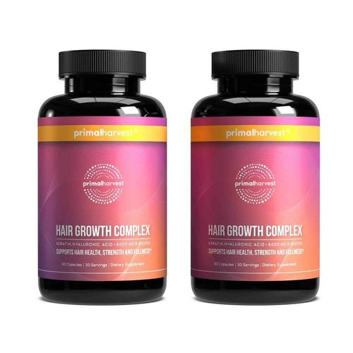 Primal Harvest Hair Growth Vitamins, 2 Pack - 120 Pills, Natural Hair Regrowth, Thickening, and Supplement for Men & Women with Biotin & Zinc