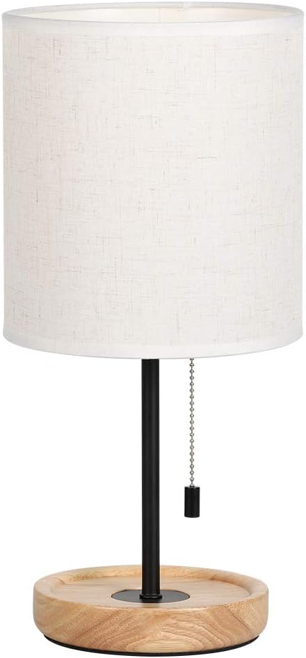 HAITRAL Bedside Table Lamp - Modern Nightstand Lamp with Linen Fabric Shade Wooden Desk Lamps for Bedrooms, Office, College Dorm, Dinning Room, Girls Room - 16 Inches (HT-AD005)