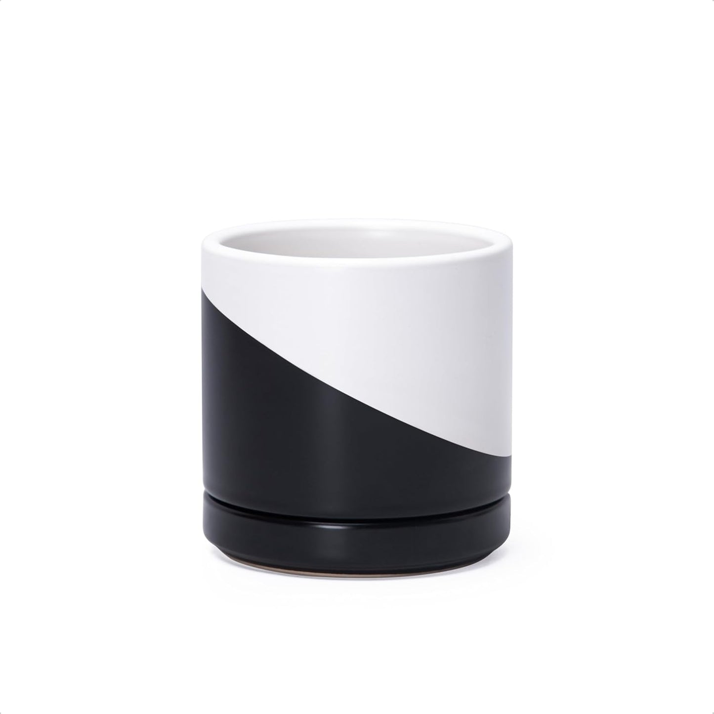 D'vine Dev 3.5 Inch Ceramic Planter Pot with Drainage Hole and Saucer, Indoor Cylinder Round Planter Pot, Oblique Monochrome Black and White, 94-O-A-K