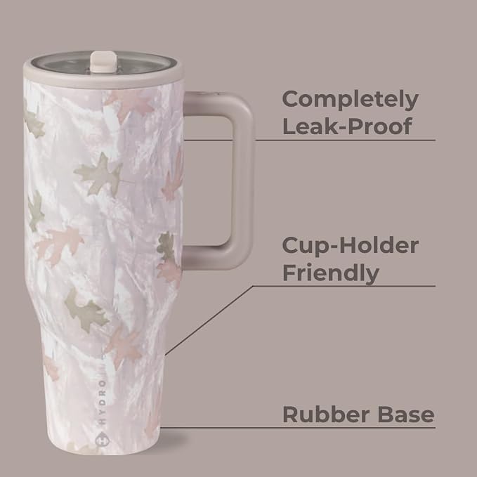 HydroJug Traveler - 40 oz Water Bottle with Handle & Flip Straw - Fits in Cup Holder, Leak Resistant Tumbler-Reusable Insulated Stainless Steel & Rubber Base - Gifts for Women & Men, Camo