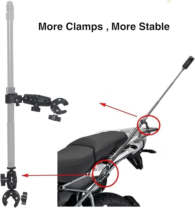 Action Camera Motorcycle Mount kit for DJI Osmo Action, Insta 360 X5/X4, Compatible with GoPro Max 2, Hero 13/12, Hero 11, Hero 10 - Dual Clamp,for 3rd Person View (Sitck is not Included)