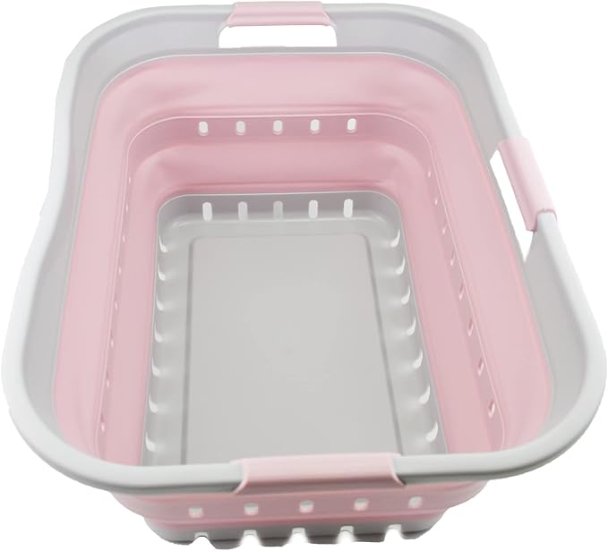 SAMMART 42L (11 gallon) Collapsible Plastic Laundry Basket - Foldable Pop Up Storage Container/Organizer - Portable Washing Tub - Space Saving Hamper/Basket (Grey/Pale Pink)
