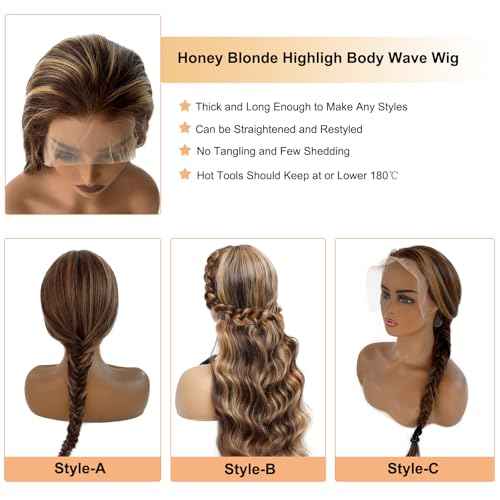 OiMiGO HD Transparent Lace Front Wig Human Hair 28Inch 13x4 Highlight Lace Frontal Wigs Human Hair Pre Plucked 180% Density 4/27 Honey Blonde Body Wave Wigs for Women