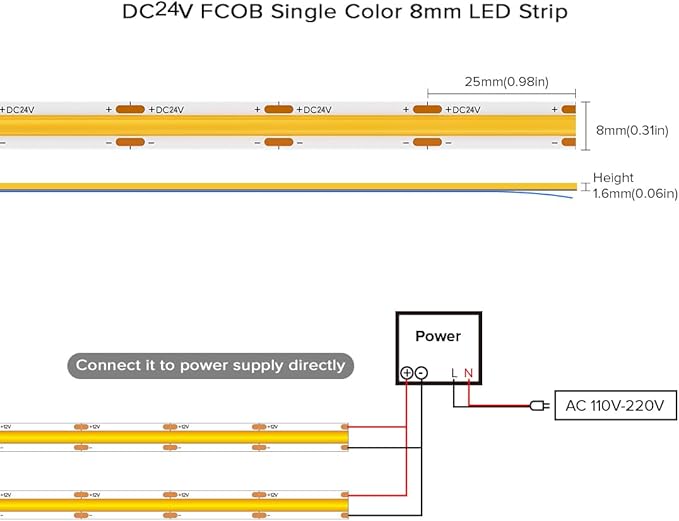 COB Orange LED Strip Light DC24V Flexible High Density Uniform Bright 480LEDs/m Strips 16.4FT CRI90+ 8MM Width Dimmable COB LED Tape for Cabinet Indoor Decor(No Adapter/Controller)
