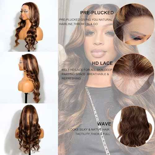 OiMiGO HD Transparent Lace Front Wig Human Hair 28Inch 13x4 Highlight Lace Frontal Wigs Human Hair Pre Plucked 180% Density 4/27 Honey Blonde Body Wave Wigs for Women