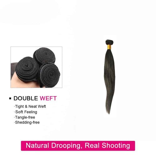 Human Hair 3 Bundles with Closure Straight 100% Unprocessed Virgin Brazilian Hair Bundles with 4x4 Lace Closure Free Part, Double Weft 10A Hair Weave Extensions, Natural Black Color (20" 20" 20" + 14" Closure)