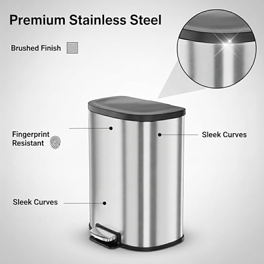 Garvee Stainless Steel Trash Can, 50 L/13 gal Hands Free Garbage Can with Soft Close Lid and Foot Pedal, Metal Kitchen Waste Bin with Inner Bucket for Living Room, Office, D Shape, Silver