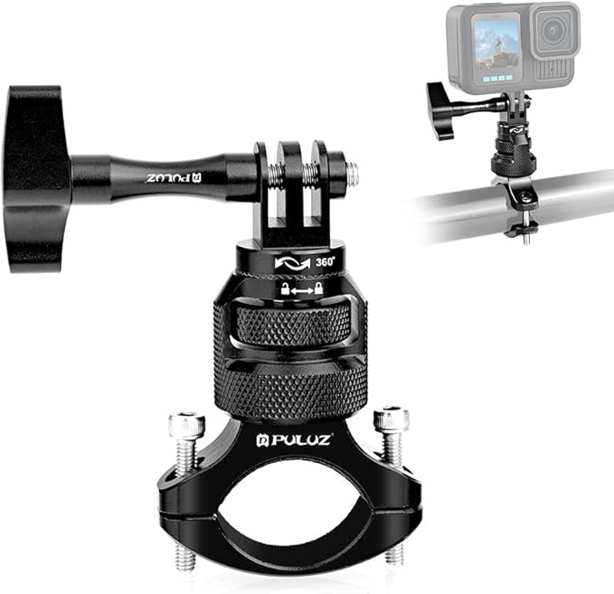 PULUZ 360 Degree Rotation Motorcycle Bicycle Rack Mount Holder, Aluminum Handlebar Mount Compatible with GoPro Hero 13/12/11/10/9/8/Max, DJI Osmo Action 5Pro/4/3, Insta 360 X5/X4/X3/Ace Pro 2/Pro/Ace