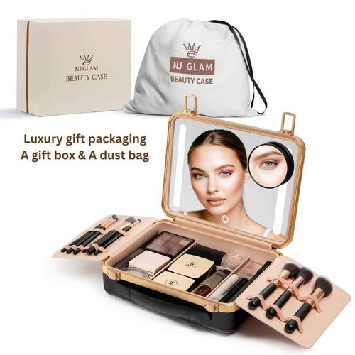 NJ GLAM Lighted Makeup Case with Mirror - Portable Travel Makeup Organizer with light up Mirror, 3 Light Settings, Rechargeable Makeup Bag with Mirror and Lights - Mini 10x magnifying Mirror included