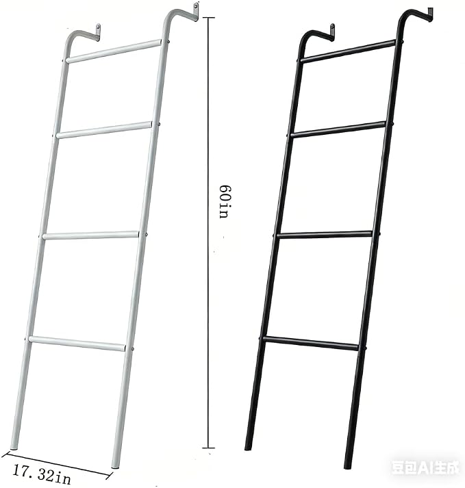 Blanket Ladder, 4 Tier Ladder Shelf 5 FT Decorative Ladder Shelf Stand, Decorative Wall Leaning Farmhouse Quilt Display Holder Dust-proof Metal Towel Rack Holder for Living Room & Bedroom (White)