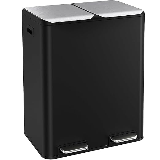 ComfyCorner 16 Gal (2 x 30 L) Dual Trash Can, Stainless Steel Kitchen Garbage Bin, Recycle Dustbin with Odor Control Box, Soft-Close Lid, Inner Buckets, Side Handle, Step Pedal, for Home Office