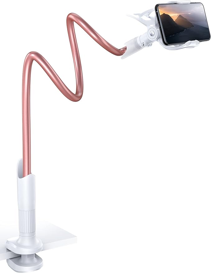 Lamicall Phone Holder Bed Gooseneck Mount - Cell Phone Clamp Clip for Desk, Flexible Lazy Long Arm Headboard Bedside, Overhead Mount Stand, for 4-7" Phone, iPhone 15 Pro Max, 14 Plus, 13, Rose Gold